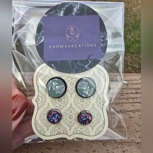 Karmakreations Green And White Earrings With Druzies Set